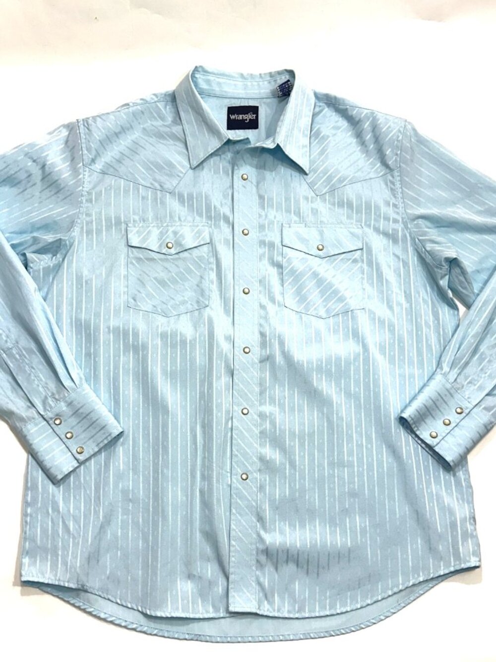 Wrangler Mens XL Light Blue Western Snap Shirt Pearl Snaps Striped Cowboy Long S